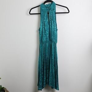 Anthropologie Green Emerald Leopard Pattern Circle Skirt High Neck Dress